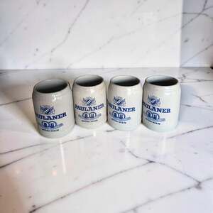 Set of 4 Vintage Paulaner Munchen Stoneware Beer Mugs 0.1L Miniature Steins